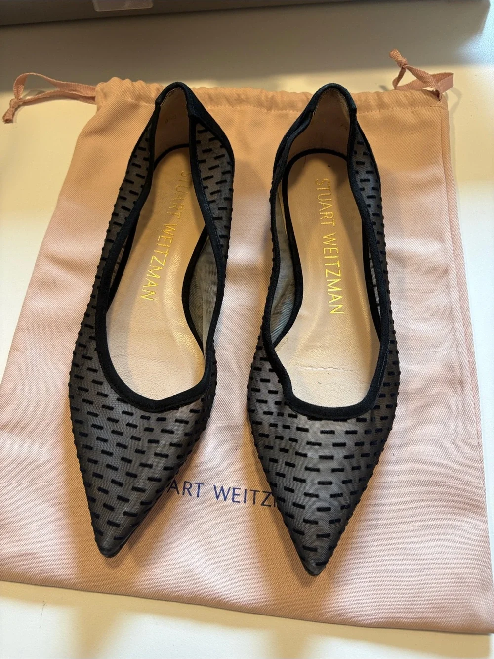 Stuart Weitzman Black Mesh Pointed Ballet Flats